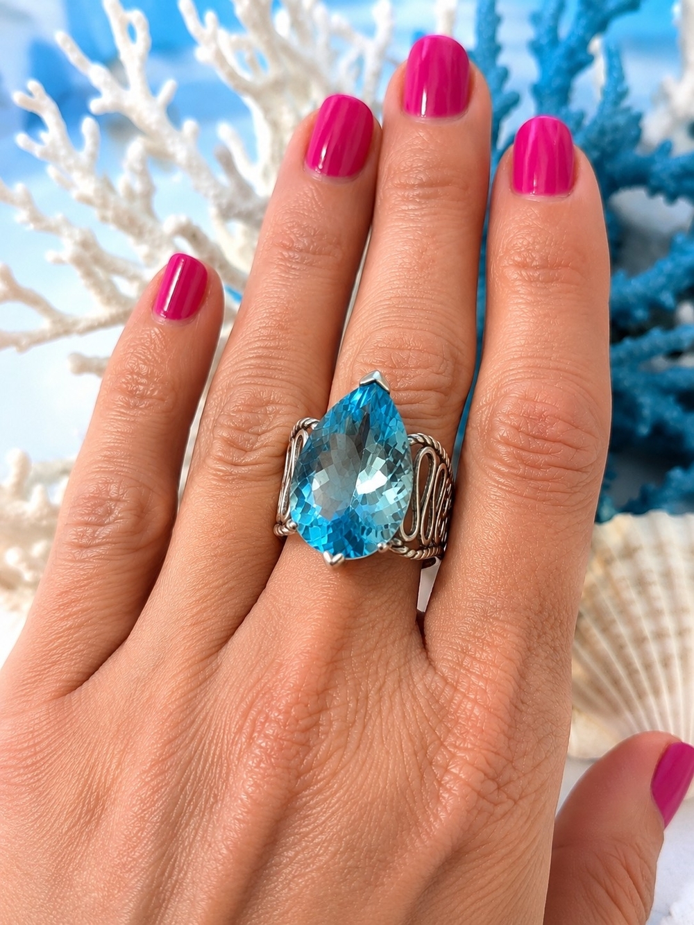 Stunning Sterling Silver- 16 Ct Teardrop London  Blue Topaz Ring  Sz 8.25